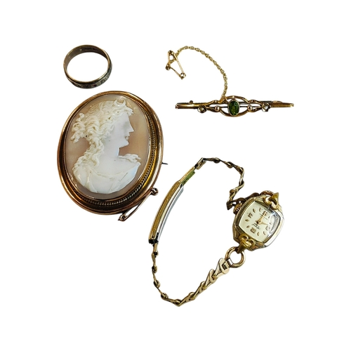 357 - 2 X 9 CARAT GOLD BROOCHES, GOLD ON SILVER RING & GOLD PLATED WATCH