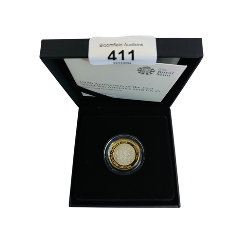 411 - 100TH ANNIVERSARY OF THE FIRST WORLD WAR ARMISTICE 2018 UK £2 SILVER PROOF PIEDFORT COIN IN BOX WITH... 