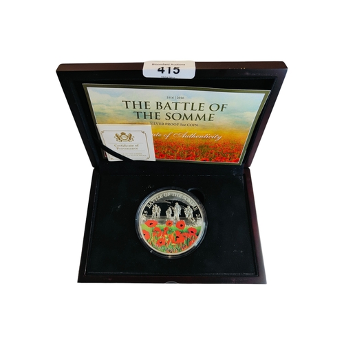 415 - BATTLE OF THE SOMME CENTENARY 5 OZ SILVER PROOF COIN IN BOX WITH CERTIFICATE