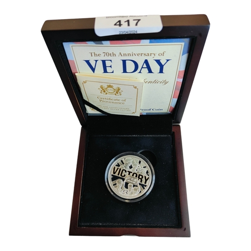 417 - THE 70TH ANNIVERSARY OF VE DAY SILVER £5 COIN IN BOX WITH CERTIFICATE