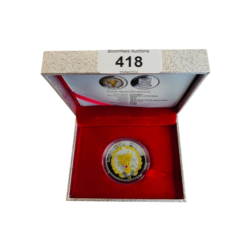 418 - 2015 CHRISTMAS ISLAND KIRIBATI SILVER PROOF COIN WITH GOLD APPLICATION IN BOX WITH CERTIFICATE