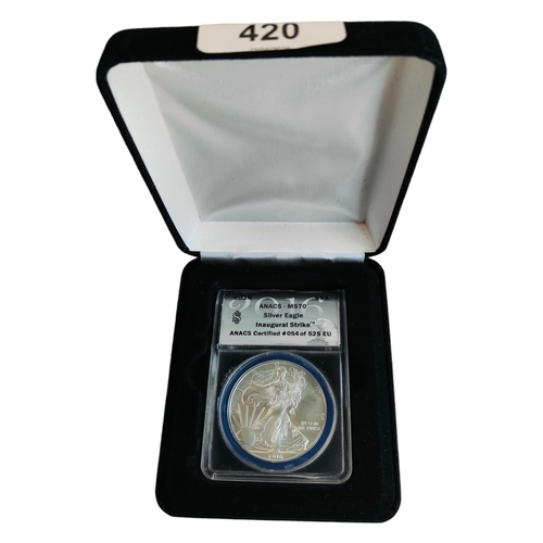 420 - SILVER EAGLE INAUGURAL STRIKE IN BOX WITH CERTIFICATE