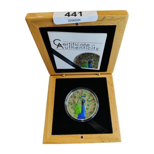 441 - COOK ISLANDS - MAGNIFICENT LIFE PEACOCK 5 DOLLARS 2015 1 OZ SILVER PROOF COIN IN BOX WITH CERTIFICAT... 