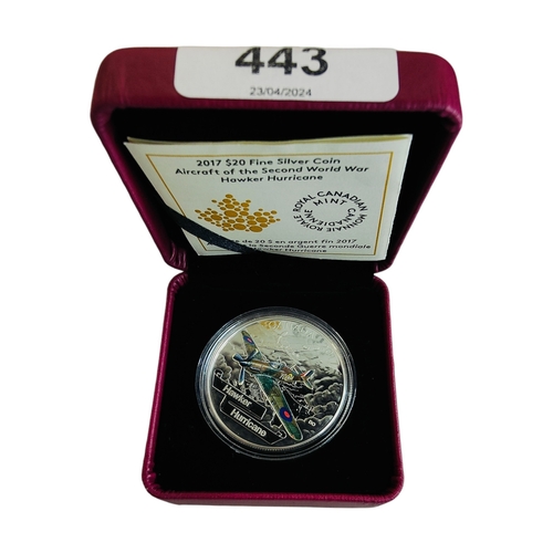 443 - 2017 $20 FINE SILVER COIN AIRCRAFT OF THE SECOND WORLD WAR HAWKER HURRICANE IN BOX WITH CERTIFICATE