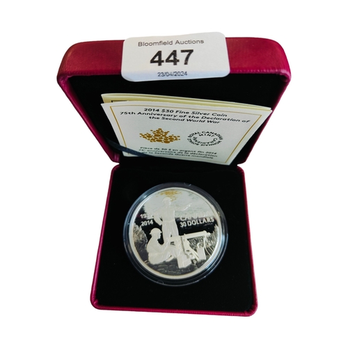 447 - 2014 $30 FINE SILVER COIN 75TH ANNIVERSARY OF THE DECLARATION OF THE SECOND WORLD WAR IN BOX WITH CE... 