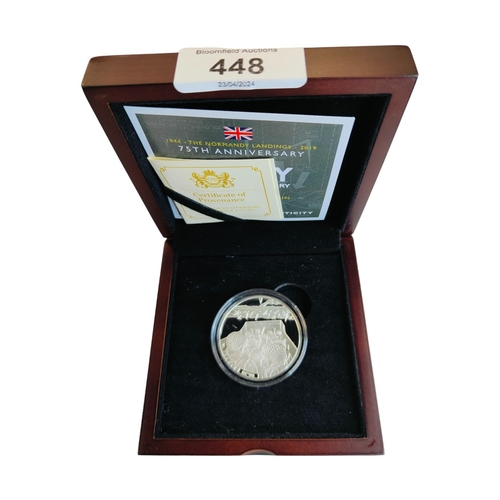 448 - D-DAY 75TH ANNIVERSARY SILVER PROOF £5 COIN IN BOX WITH CERTIFICATE