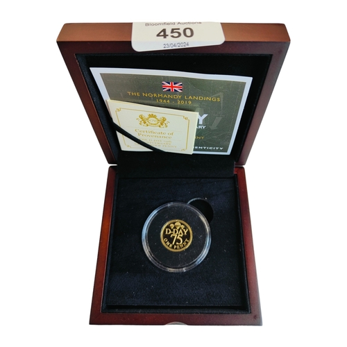 450 - THE D-DAY 75TH ANNIVERSARY GOLD PROOF PENNY 9 CARAT GOLD 4 GRAMS IN BOX WITH CERTIFICATE