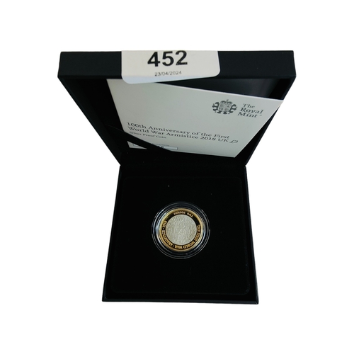 452 - 100TH ANNIVERSARY OF THE FIRST WORLD WAR ARMISTICE 2018 UK £2 SILVER PROOF COIN