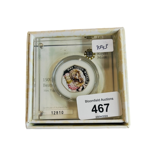 467 - 150TH ANNIVERSAEY OF BEATRIX POTTER 2016 MRS TIGGY WINKLE UK 50P SILVER PROOF COIN IN BOX WITH CERTI... 