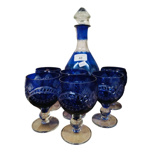 48 - BRISTOL BLUE DECANTER & 6 GLASSES