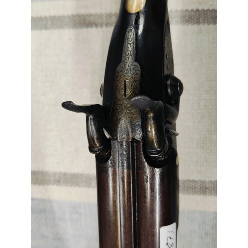 306 - DOUBLE BARREL SIDE BY SIDE PERCUSSION MUZZLE LOADING SHOTGUN.  DAMASCUS FINGERPRINT BARRELS.  GEORGE... 