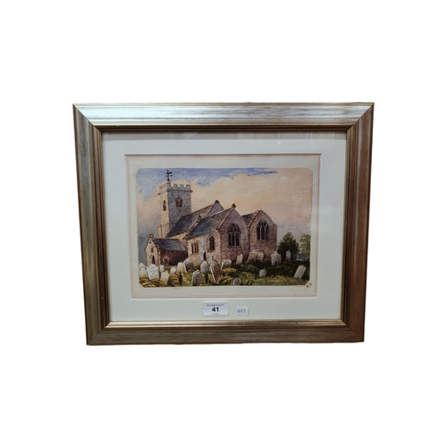 41 - SIGNED VICTORIAN WATERCOLOUR CHURCHYARD DATED 1874