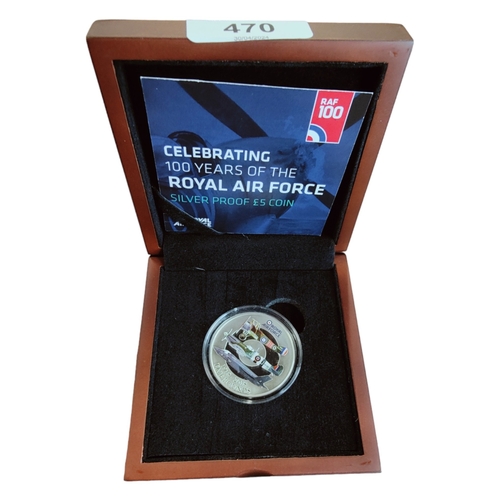 470 - CELEBRATING 100 YEARS OF THE ROYAL AIR FORCE SILVER PROOF £5 COIN IN BOX WITH CERTIFICATES