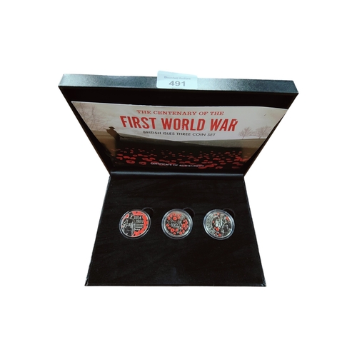 491 - THE CENTENARY OF THE FIRST WORLD WAR BRITISH ISLES THREE COIN SET IN BOX WITH CERTIFICATE