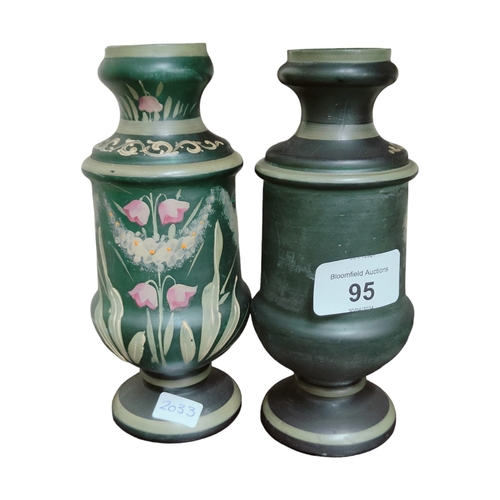 95 - PAIR OF ANTIQUE HAND PAINTED GREEN GLASS VASES