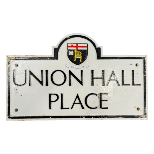 129 - METAL PLACE SIGN - 'UNION HALL PLACE' LONDONDERRY 68CM X 42CM AT TALLEST