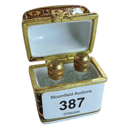 387 - PORCELAIN TRINKET BOX WITH PAIR OF MINIATURE PERFUME BOTTLES