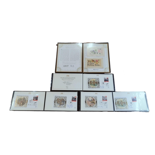 413 - 2 X WWI POSTCARDS & A SET OF 1994 50TH ANNIVERSARY OF D-DAY SIGNED SET OF FIVE COVERS