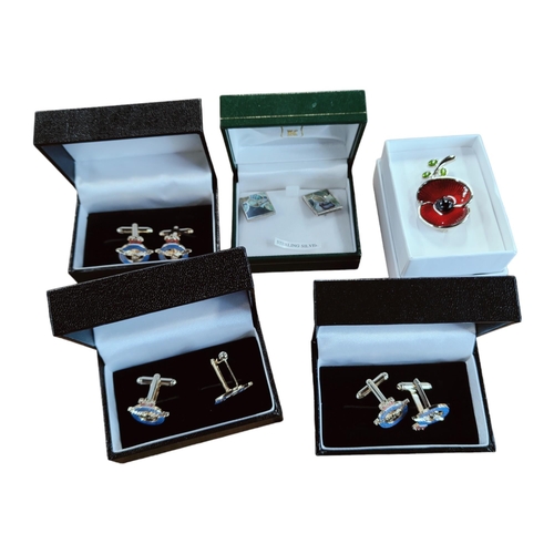 416 - 4 PAIRS OF CUFFLINKS TO INCLUDE SILVER & A POPPY BADGE