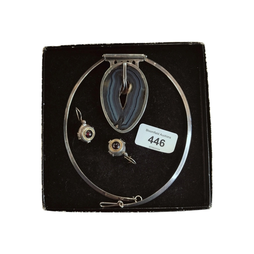 446 - SILVER EARRINGS & BANDED AGATE NECKLACE