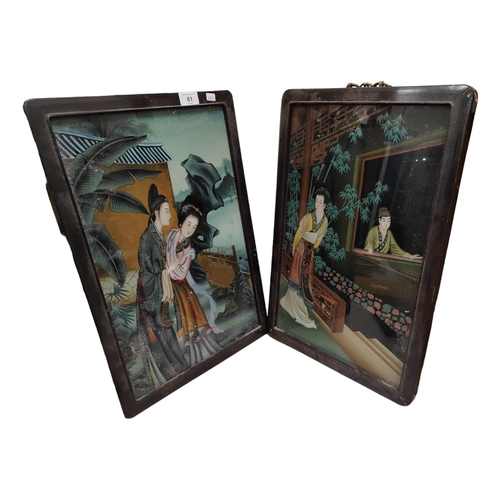 61 - PAIR OF ANTIQUE ORIENTAL PICTURES ON GLASS