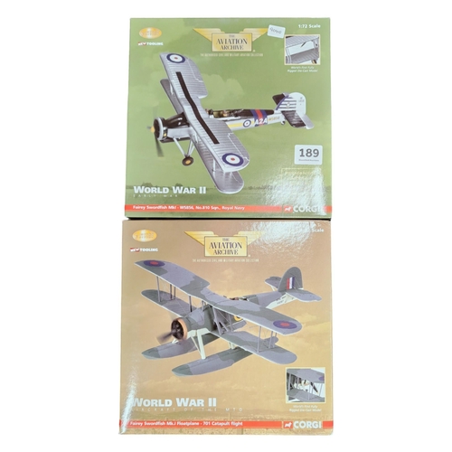 189 - 2 CORGI AVIATION PLANES - FAIREY SWORDFISH MK1 & SWORDFISH FLOAT PLANE