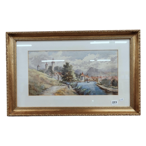 211 - ANTIQUE GILT FRAMED CONTINENTAL WATERCOLOUR - LANDSCAPE