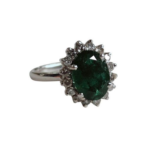 304 - 18 CARAT WHITE GOLD EMERALD & DIAMOND CLUSTER RING