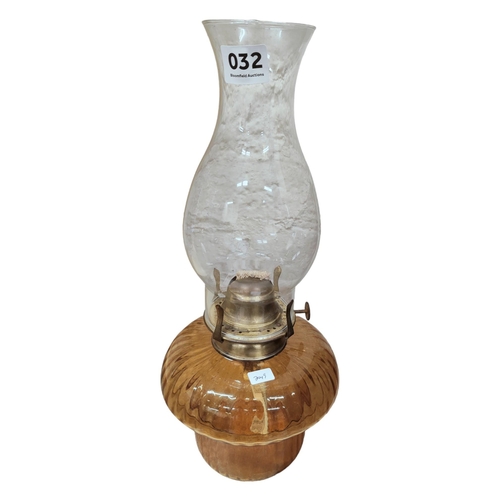 32 - AMBER GLASS WALL HANGING OIL LAMP