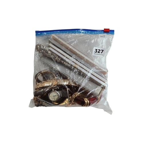 327 - BAG OF COSTUME JEWELLERY TO INC. NURSES WATCH & SILVER HANDLED BUTTON HOOK