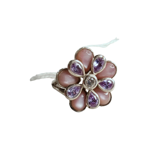 331 - SILVER MOTHER OF PEARL & AMETHYST FLOWER RING