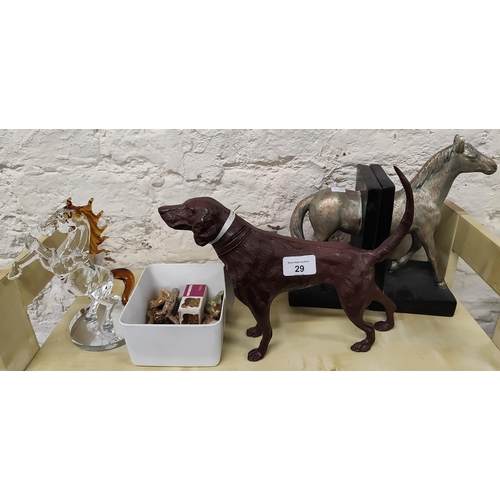 29 - GLASS HORSE, HORSE BOOKENDS, METAL DOG AND COLLECTION OF WADE