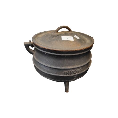 3 - BLACK CAST IRON 3 LEGGED POT & LID