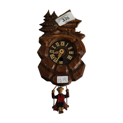 330 - MINIATURE BLACKFOREST NOVELTY CLOCK & SWINGING FIGURES PENDULUM