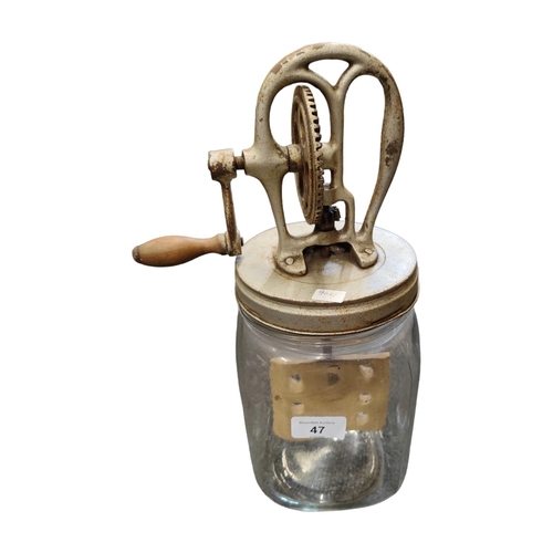 47 - VINTAGE GLASS HAND CRANK BUTTER CHURN