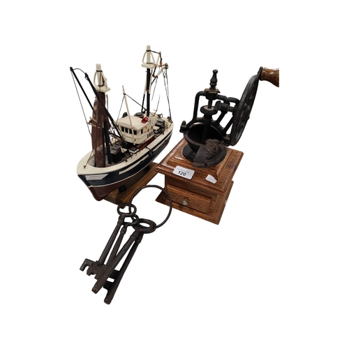 120 - MODEL BOAT, COFFEE GRINDER AND OLD STYLE KEYS