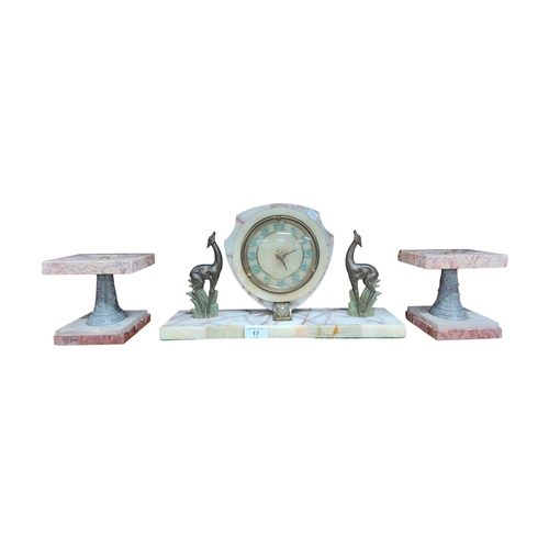 17 - ART DECO MARBLE CLOCK & GARNITURES