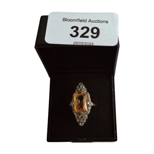 329 - MARCASITE & CITRINE RING ON GOLD BAND - HIGH GRADE