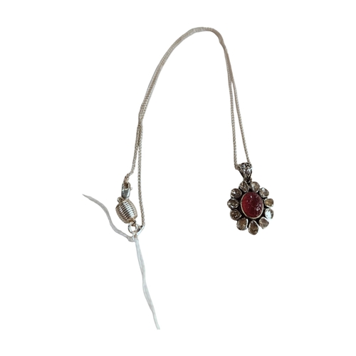 351 - CARVED RUBY & ROSE CUT DIAMOND PENDANT ON CHAIN