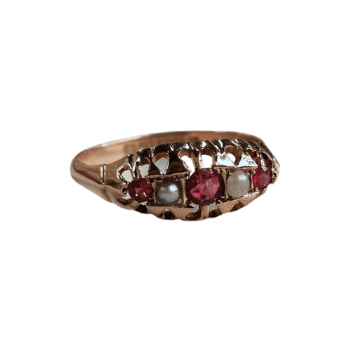 354 - 9 CARAT GOLD RUBY & SEED PEARL RING