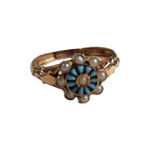 362 - VICTORIAN 18 CARAT GOLD TURQUOISE & SEED PEARL RING