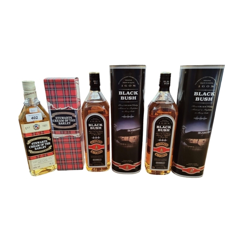 402 - 2 X BOTTLES OF BLACK BUSH WHISKEY AND BOTTLE OF STEWARTS  CREAM OF THE BARLEY SCOTCH WHISKY