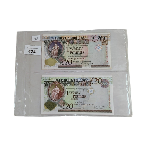 424 - 2 X BANK OF IRELAND £20 BANK NOTES 2008 & 2013