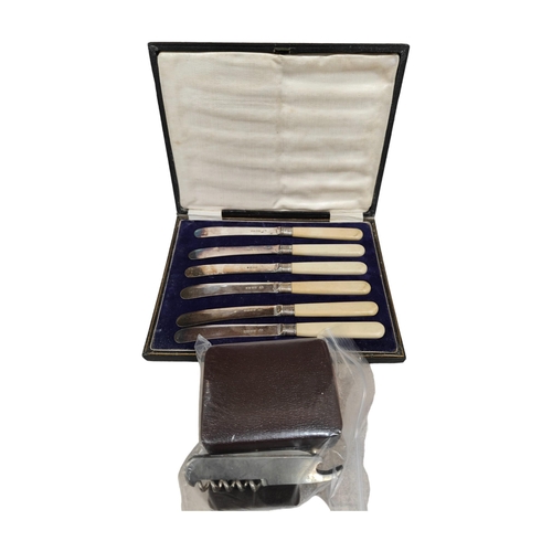 51 - CASED SET BONE HANDLE BUTTER KNIVES & BAG OF CUFFLINKS & CORKSCREW