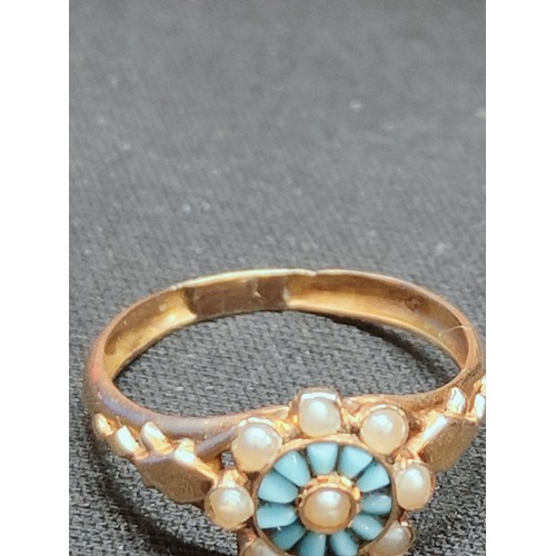 362 - VICTORIAN 18 CARAT GOLD TURQUOISE & SEED PEARL RING