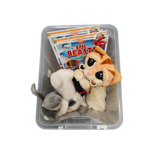 104 - BOX OF SOFT TOYS & COLOURING BOOKS