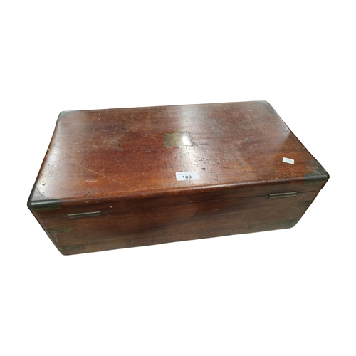 109 - ANTIQUE WOODEN WRITING BOX WITH BRASS FITTINGS