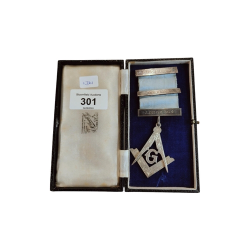 301 - SILVER MASONIC JEWEL FREEDOM MASONIC LODGE 394 INSCRIBED TO REAR 'BRO. J. G. SHAW W. M 1947