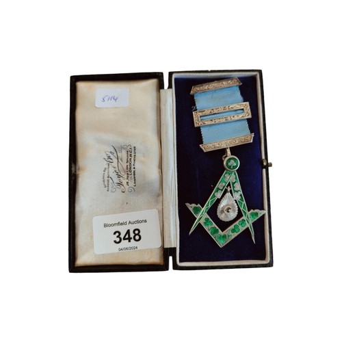 348 - SILVER AND ENAMEL MASONIC JEWEL INSCRIBED TO REAR 'PRESENTED TO DAVID. C QUAIL WORSHIPFUL MASTER 193... 