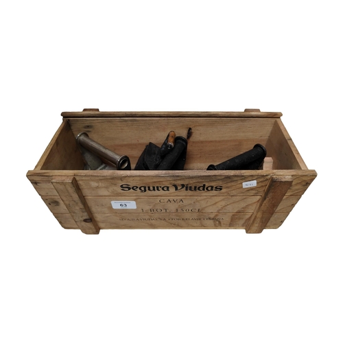 63 - WOODEN CRATE WITH 4 OLD CAST IRON FLAT IRONS